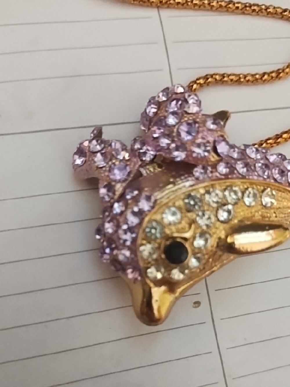 Betsey Johnson Gold Dolphin Pendant Necklace with Clear and Lavender Rhinestones - Picture 6 of 6